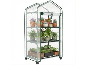 Mini serre de jardin avec 3 étagères, bâche pvc haute densité, porte enroulable 4 roulettes 69 x 49 x 130 cm transparent