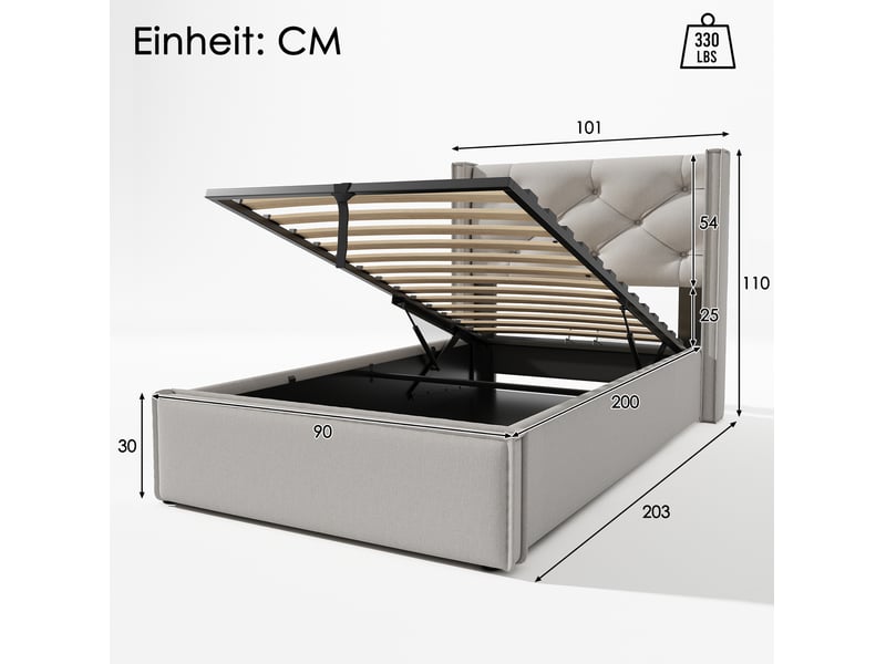 Lit simple coffre hydraulique 90x200 cm coton gris clair - Conforama E