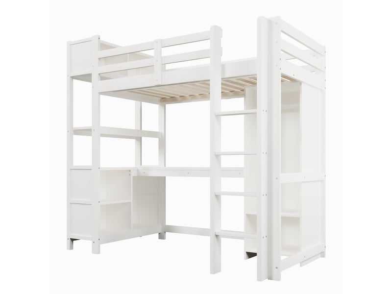  Lit mezzanine avec bureau, armoire, étagères et rangements, blanc, 90x200 cm  - Conforama D