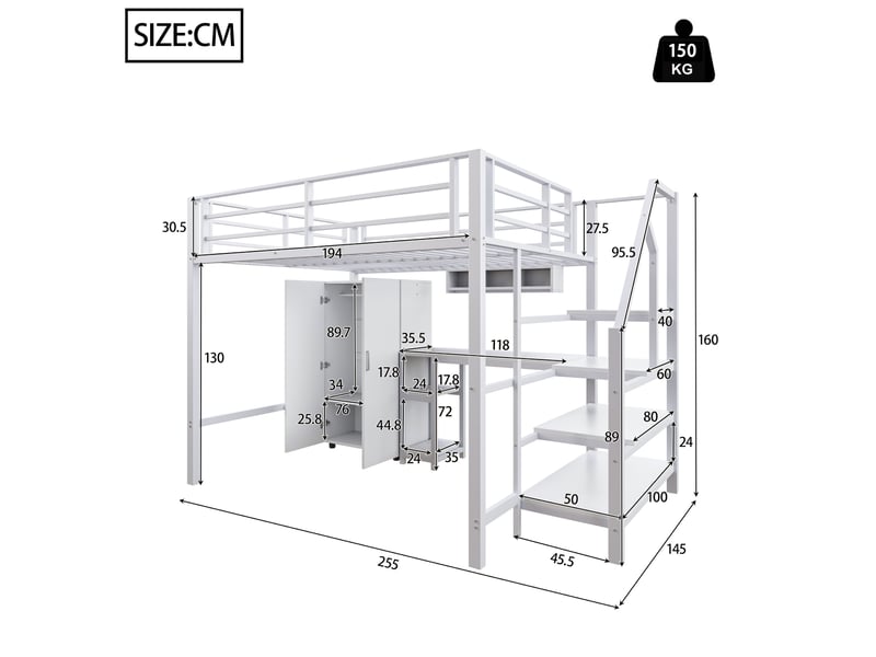  Lit mezzanine enfant 140x200 cm avec bureau, armoire et rangements blanc  - Conforama C