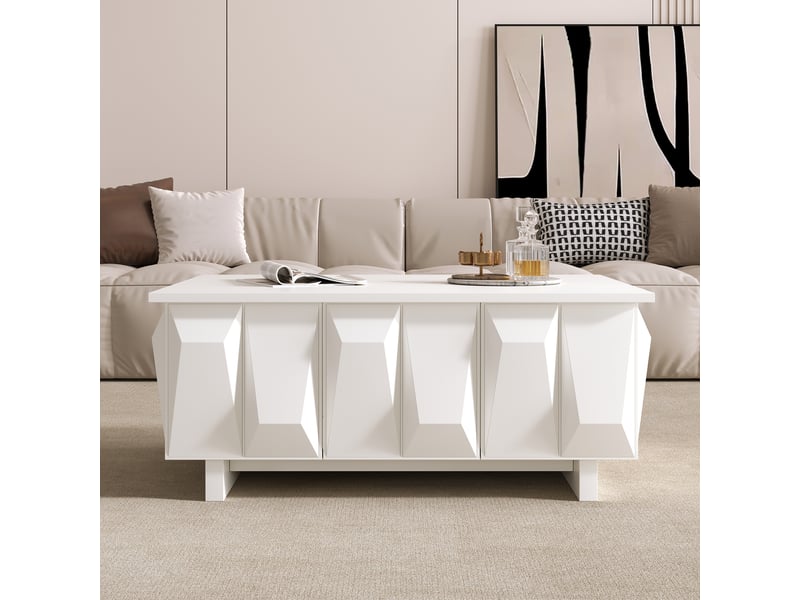  Table basse blanche avec rangement, façades géométriques en relief, 95 x 67 x 39,5 cm  - Conforama W