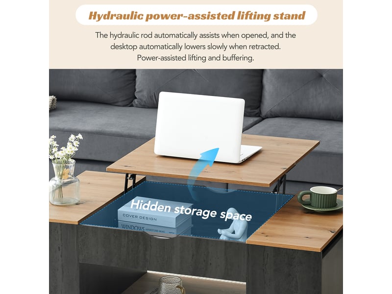 Table basse relevable avec 3 rangements et niche ouverte pour salon en mdf 109,5×59,7×43 cm gris et marron - Conforama C