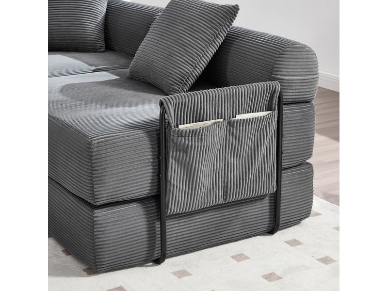 Canapé d’angle modulable convertible 4 places en velours côtelé gris foncé, avec poches latérales pratiques - Conforama D