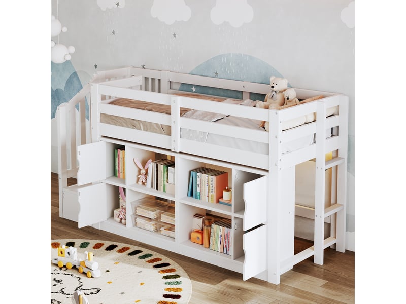 Lit mezzanine modenvie 90 x 200 cm avec rangements, escalier et éclairage led blanc - Conforama B