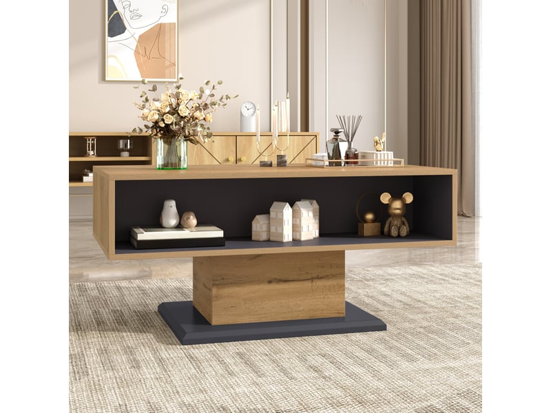  Table basse 100x50x46,5 cm, rangement double face, compartiment intérieur, design moderne, structure en panneaux - gris et bois  - Conforama E