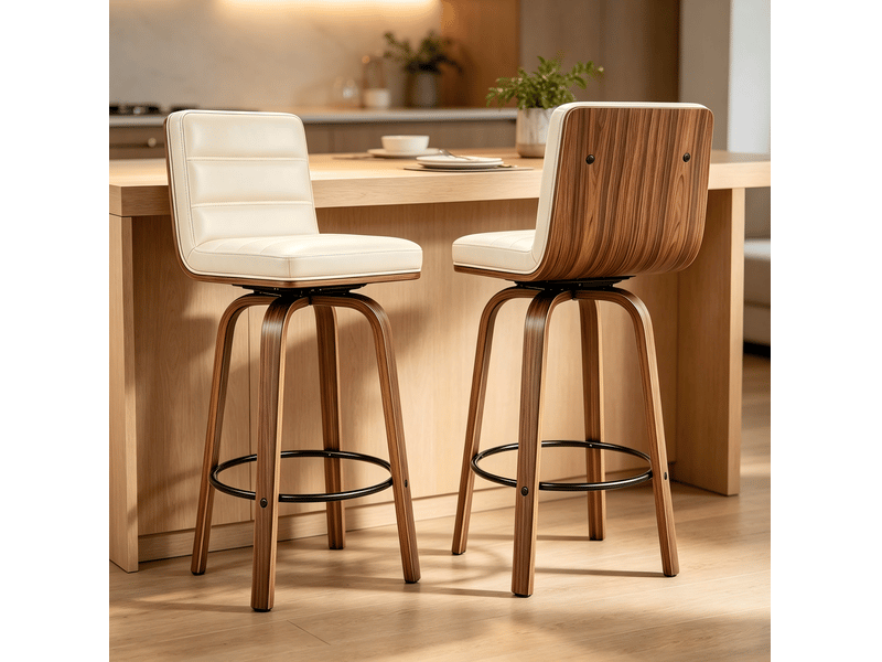  Lot de 2 tabourets de bar pivotants 48x40x90 cm polyuréthane, pieds et repose-pieds, bois, couleur crème, design vintage  - Conforama B