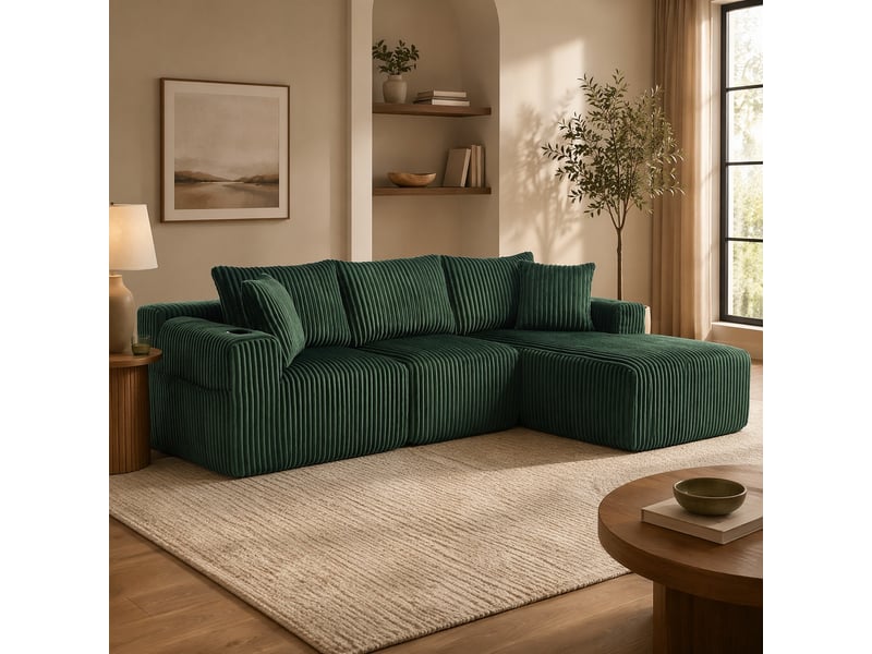  Canapé modulaire 3 places avec méridienne en velours côtelé vert émeraude  - Conforama D