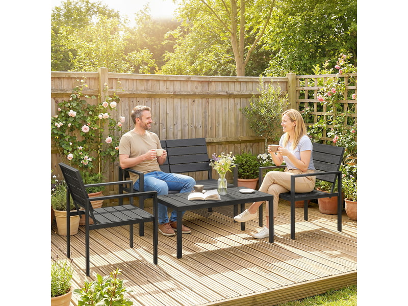 Salon de jardin 4 pcs canapé 2 pl. 2 chaises et table basse, mobilier de jardin, noir - Conforama C