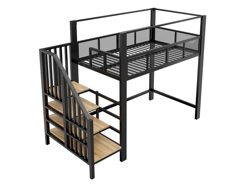 Lit mezzanine métal 90x200 cm avec baldaquin escalier sécurité bureau rangement noir  - Conforama E