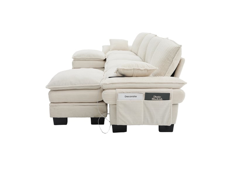 Canapé d'angle 4 places en velours côtelé beige avec usb-c et rangement intégré sous les poufs - Conforama W