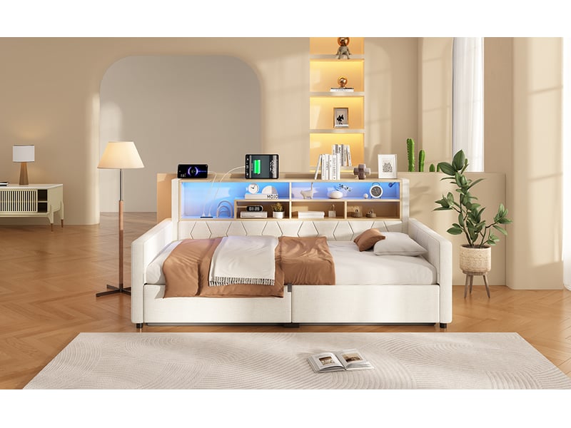  Lit coffre banquette 90 × 200 cm, rangement hydraulique, étagère, led multicolore, usb-a et usb-c, lin et mdf, beige  - Conforama B