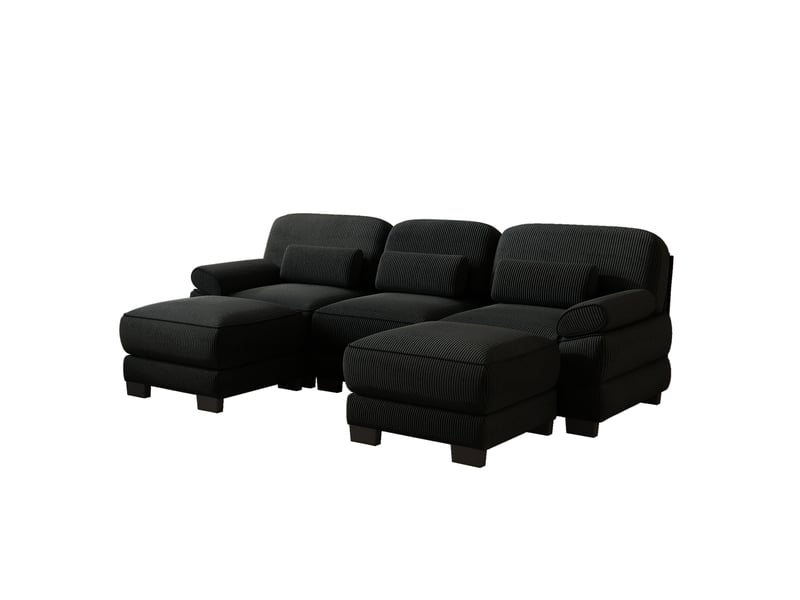  Canapé modulable en u 3 places 265x 161x 94 cm, coussins lombaires, assise profonde, 2 poufs, en velours côtelé, noir  - Conforama A
