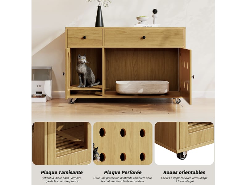  Meuble cache-litière félin 100x45x66 cm – naturel – 2 tiroirs, roulettes et rangement discret intégré  - Conforama E