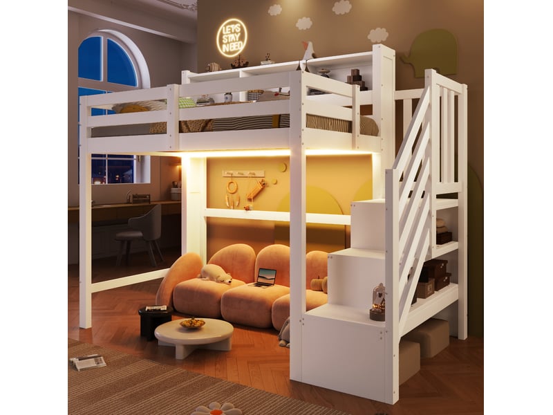  Lit mezzanine 90x200 cm avec led et escalier de rangement blanc  - Conforama D