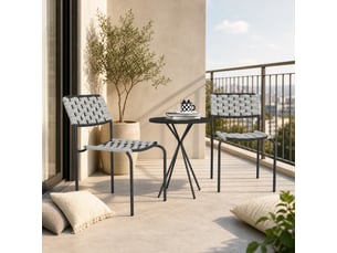Salon de jardin 3 pièces gris en acier, 2 chaises empilables et table ronde pour balcon et terrasse