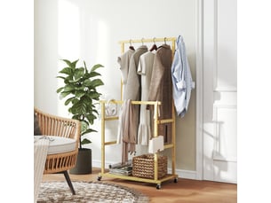 Portant à vêtements à roulettes, porte-manteau double barre en bambou avec étagère inférieure, bois naturel, 80x40x160cm
