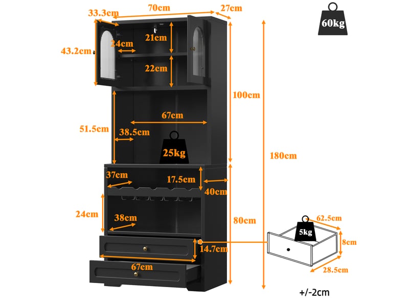  Buffet haut avec portes vitrées cintrées, led, casier à vin et prise usb pour le salon, noir, 140 × 40 × 180 cm  - Conforama E