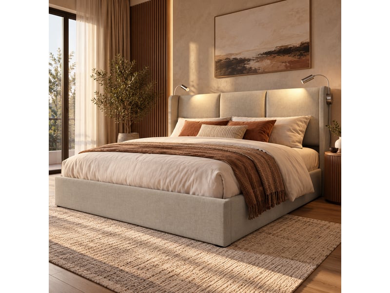  Lit double rembourré 140x200 cm avec coffre de rangement, tête de lit avec liseuse et usb, sommier à lattes, revêtement en lin, sans matelas IKSETERA TRADING LTD - Conforama E