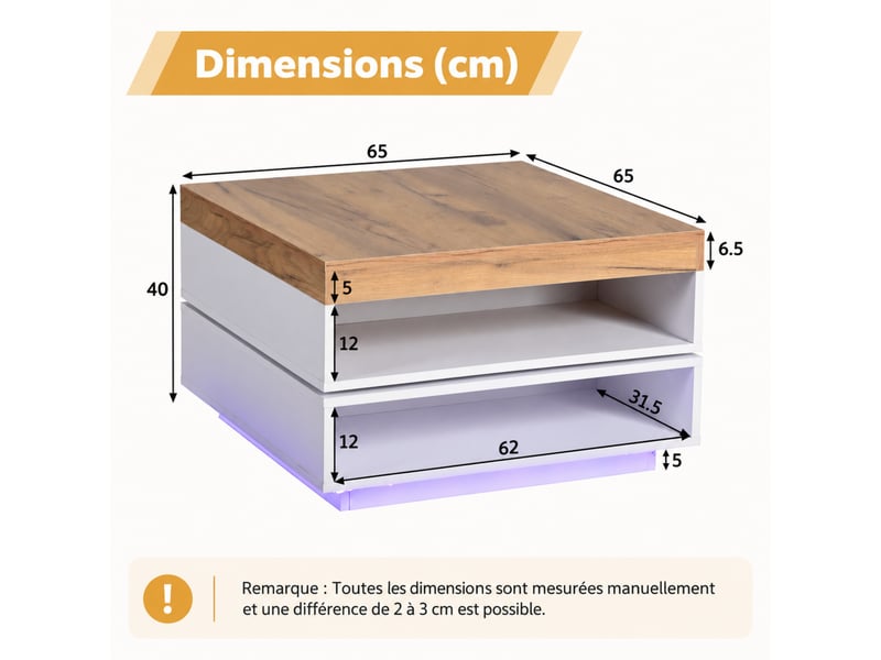  Table basse carrée led blanc et bois avec plateau pivotant 360° et rangement ouvert, 65x65x40 cm  - Conforama C