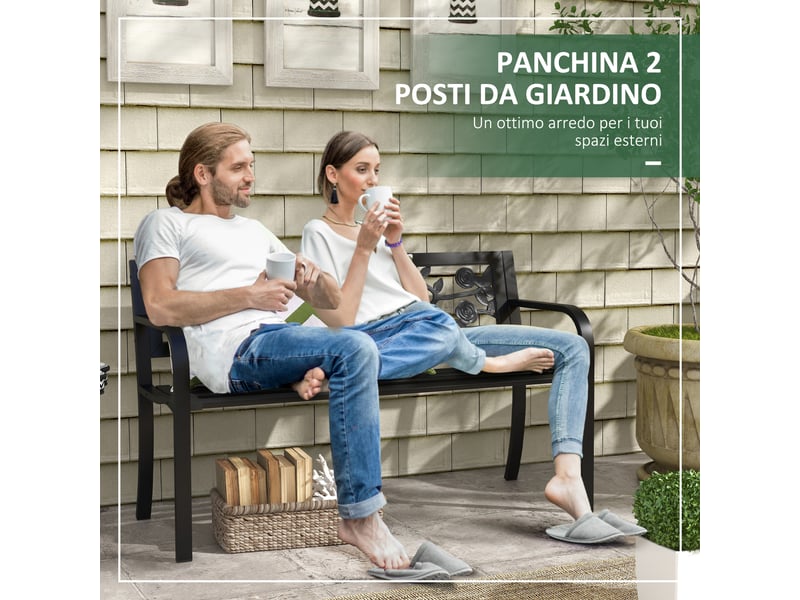  Banc de jardin 2 places en acier avec dossier et accoudoirs décorés, 127 x 50 x 75 cm, noir  - Conforama E