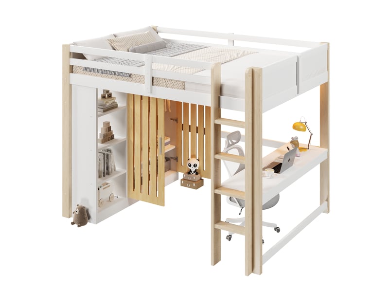 Lit mezzanine 140x200 cm avec armoire et étagères, lit surélevé en bois avec led et rangements intégrés, blanc et naturel OPULERANE TRADING LTD - Conforama A