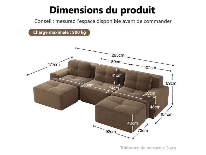  Canapé modulable en u avec ottomane, 3 places en tissu côtelé, aucun assemblage requis, 69 × 293 × 177 cm, marron  - Conforama C