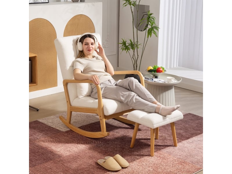  Fauteuil à bascule avec repose-pieds blanc, revêtement polaire et patins en bois, 64,5 x 82 x 99 cm  - Conforama E