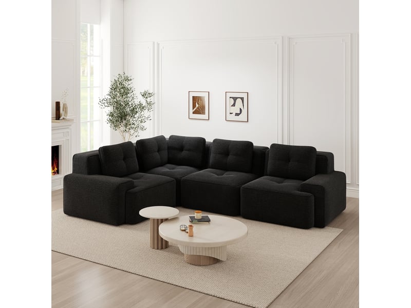Canapé d'angle panoramique modulable 4 places en velours côtelé noir - 295 x 206 x 69 cm - Conforama D