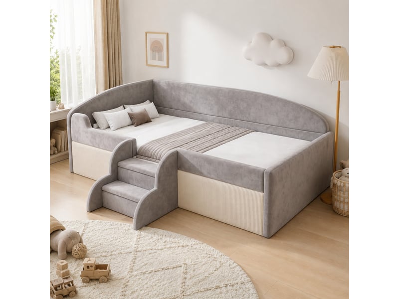  Lit enfant 90x190 cm avec marches et barrières en velours gris  - Conforama B
