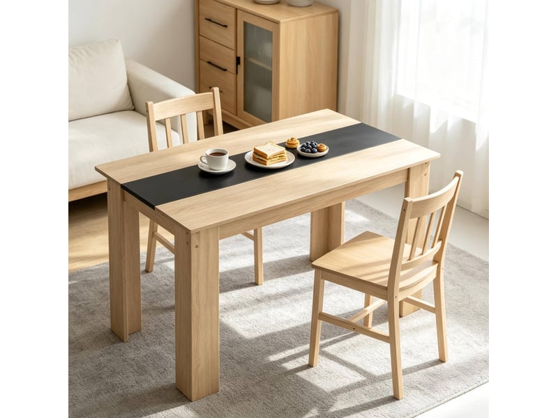  Table à manger rectangulaire moderne pour 4 à 6 personnes, plateau mélaminé bicolore chêne et noir, patins antidérapants  - Conforama D