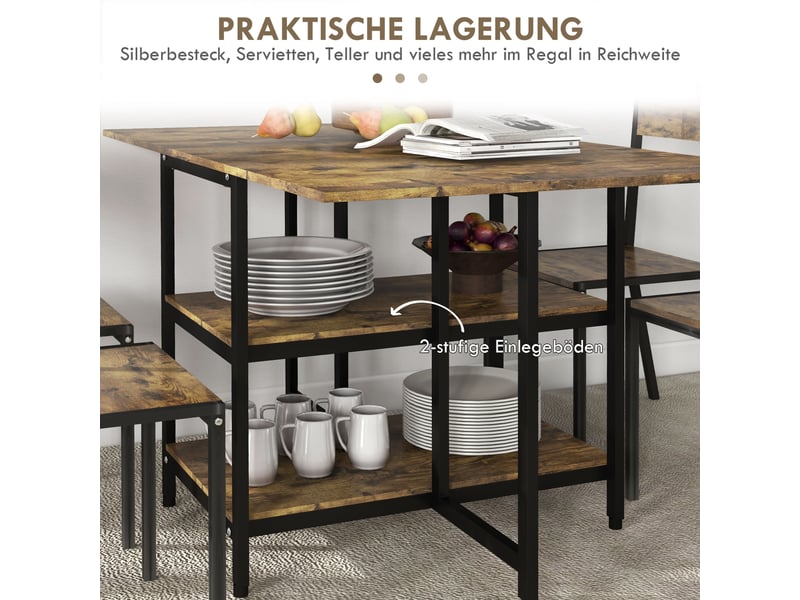 Table de salle à manger pour 2 à 6 personnes pliante avec 2 étagères et roulettes en acier marron pour cuisine - Conforama E