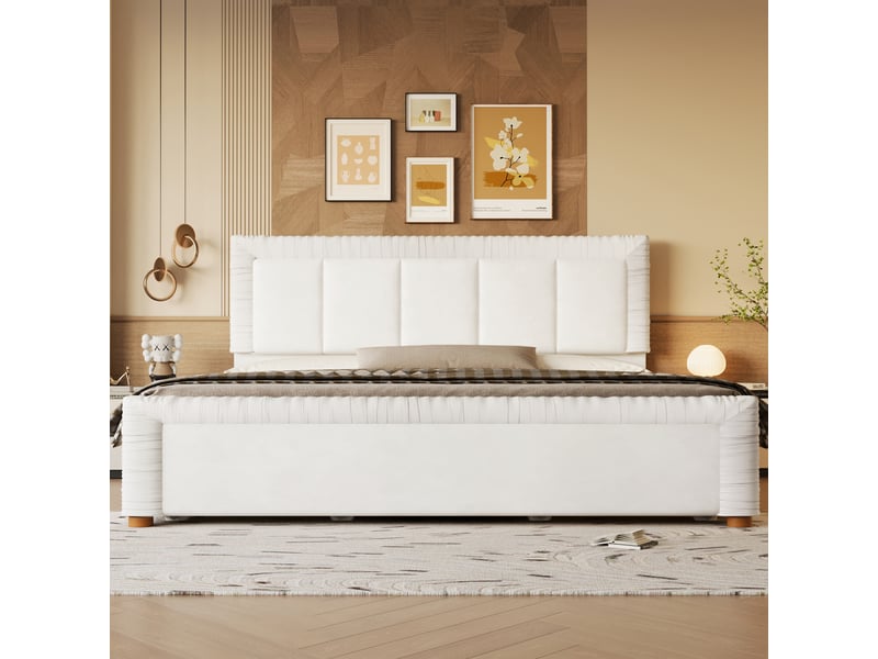  Lit 180x200 cm rembourré en velours avec tête de lit matelassée, 2 tiroirs de rangement, pieds en bois - beige  - Conforama B