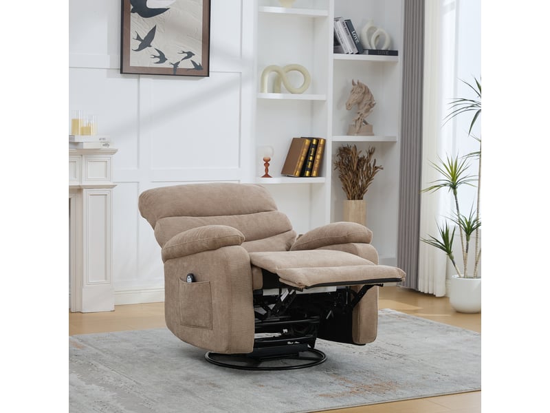  Fauteuil relax électrique taupe en chenille, massage chauffant, dossier et repose-pieds réglables, pivotant pour salon  - Conforama D
