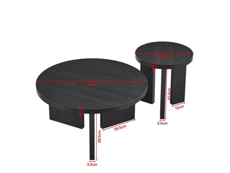 Set de tables basses rondes ulevr, 2 pièces noires en mdf, tables gigognes de salon à structure rainurée, ø 80 et 44,5 cm  - Conforama C