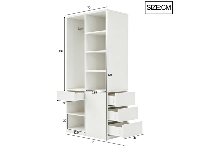  Armoire tcqpz 70 x 50 x 170 cm avec penderie étagères ouvertes 3 tiroirs mdf blanche  - Conforama C