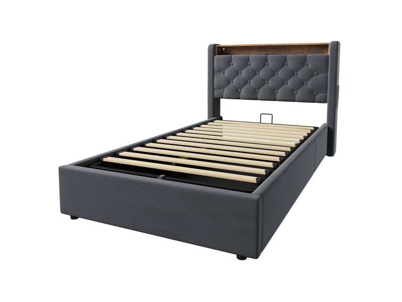  Lit simple 90×200 gris avec led, prise usb, rangement tête de lit et espace de stockage inférieur  - Conforama W