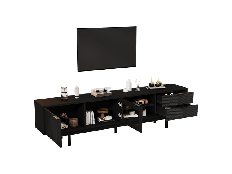 Meuble tv 200 cm noir pour téléviseur 80 pouces avec 2 portes et 2 tiroirs - Conforama A