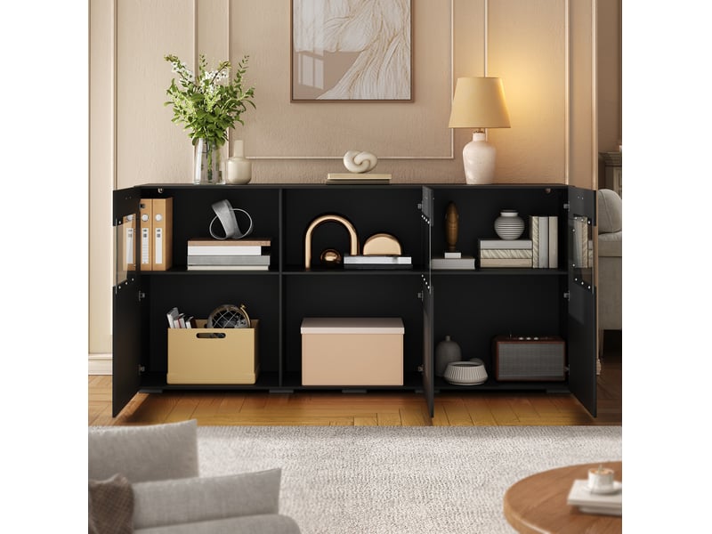  Buffet 160x38x78 cm avec 3 portes led commandée par application panneau de particules couleur noir, confort optimal  - Conforama D