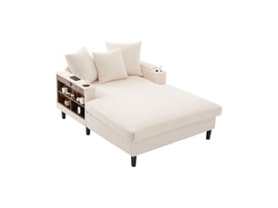 Canapé lounge 1 place 129x170x70 cm, chaise longue en velours côtelé beige, led, usb, rangement, 2 porte-gobelets, poche latérale, 3 coussins