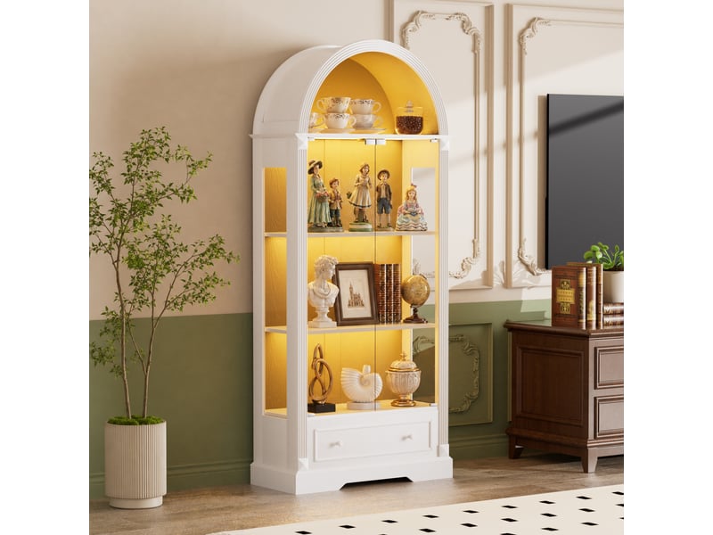Vitrine avec portes vitrées, tiroirs, niches ouvertes et led à détection pour salon en mdf blanc 80×35×180 cm - Conforama E