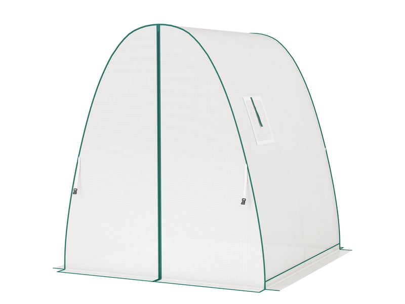  Serre voûtée avec sacs de sable et bâche plastique, 2 portes enroulables, fenêtres en filet, portable, 1,8 x 1,8 x 2 m, blanche  - Conforama B