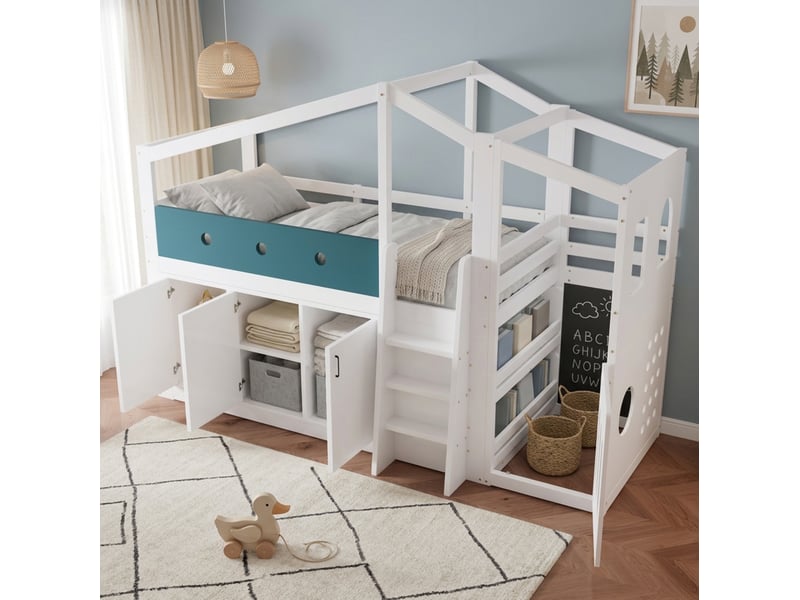 Lit mezzanine 90 × 200 cm avec armoire de rangement, espace de jeu et échelle pour chambre 256,5 × 110 × 190 cm - Conforama E