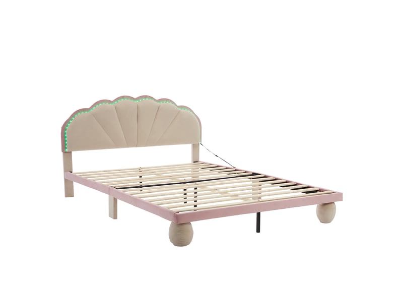  Lit rembourré enfant 140x200 cm avec led multicolore, tête de lit ondulée, velours beige rose, pieds ronds  - Conforama D
