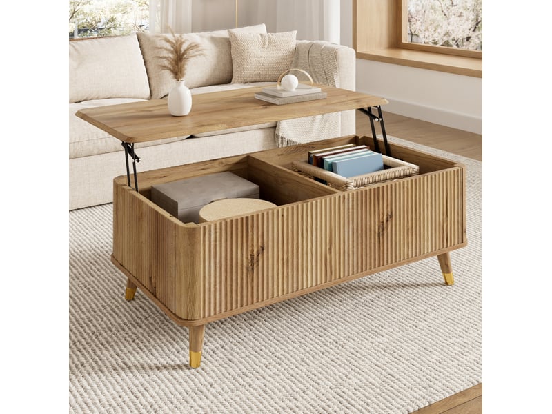 Table basse relevable avec coffre de rangement, mécanisme hydraulique, style rétro en mdf naturel 97 × 52 × 56,5 cm - Conforama B