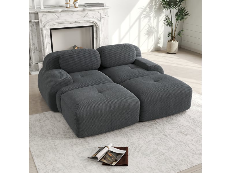  Canapé modulable 2 places 208x178x70 cm avec chaiselongue tissu côtelé gris  - Conforama C