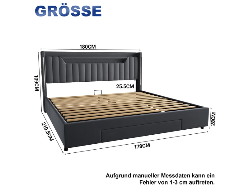  Lit coffre double 180x200 cm, éclairage led et tiroirs, velours gris (sans matelas)  - Conforama C