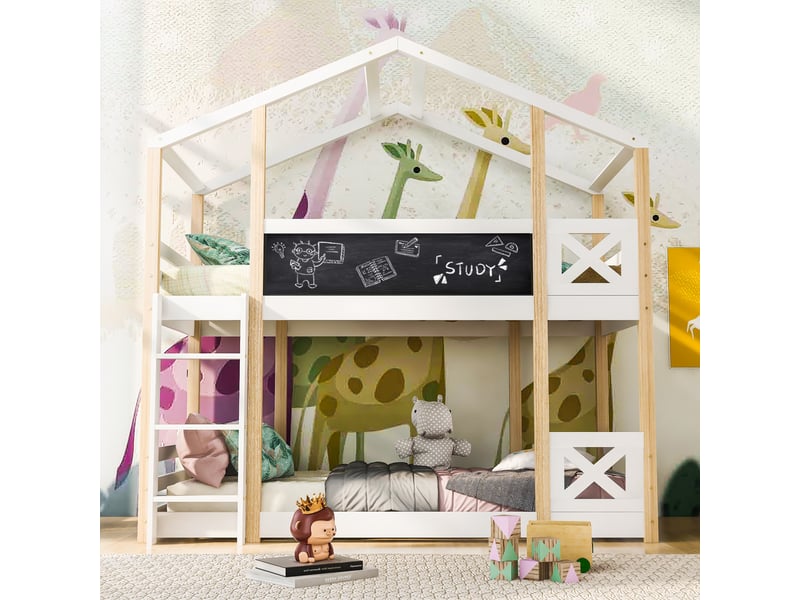 Lit superposé 90x200 cm – lit enfant avec échelle et sommier extensible – sans matelas – blanc - Conforama E