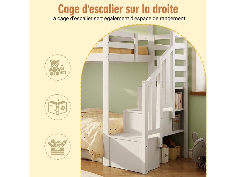  Lit superposé 90 x 200 cm, lit enfant à deux couchages, étagères ouvertes, échelle, barrières de sécurité, sommier à lattes inclus, bois massif, blanc Morn Vibe - Conforama E