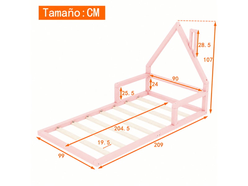  Lit cabane enfant 90x200 cm rose en pin et mdf, sommier à lattes  - Conforama W