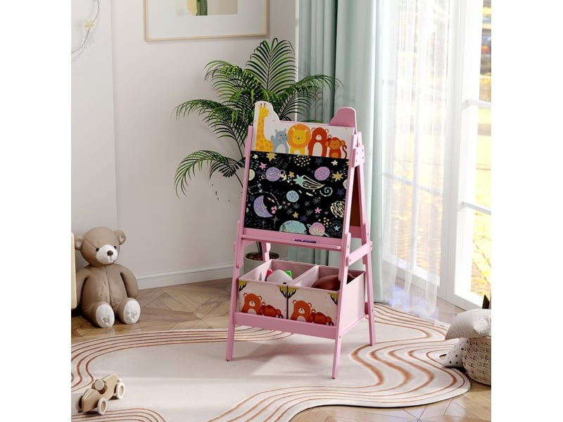  Chevalet enfant 53,5 x 49 x 113 cm rose en mdf, tableau blanc et noir avec 2 boîtes de rangement  - Conforama B